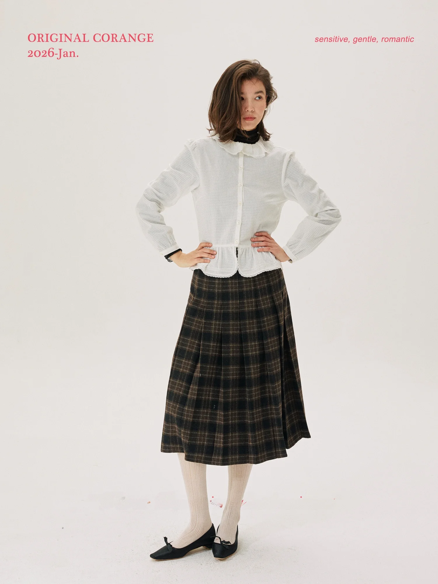 

Corange‘id Garden’ French Sle Cotton irt with Ruffle Hem Collar And White Plaid Embroidery Women's ort Sve irt