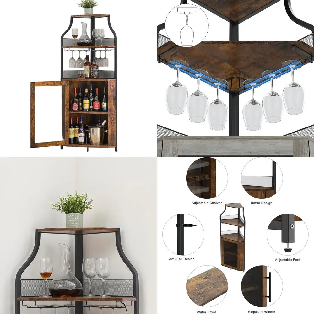 5-Tier Rustic Brown Farmhouse Wine Cabinet with Glass Rack and Barn Door for Home Bar Storage