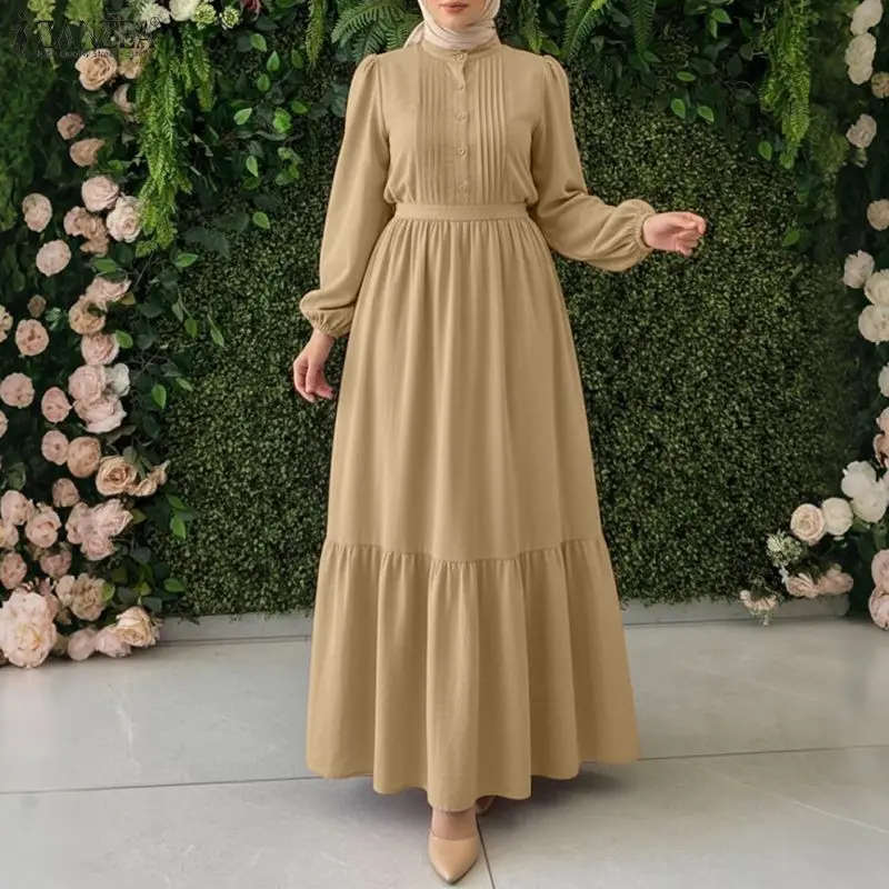 

Модная мусульманская абайя ZANZEA 2026: Весеннее длинное платье макси для женщин, элегантное, с длинными рукавами, плиссированное, исламское платье-сарафан, кафтан для Рамадана