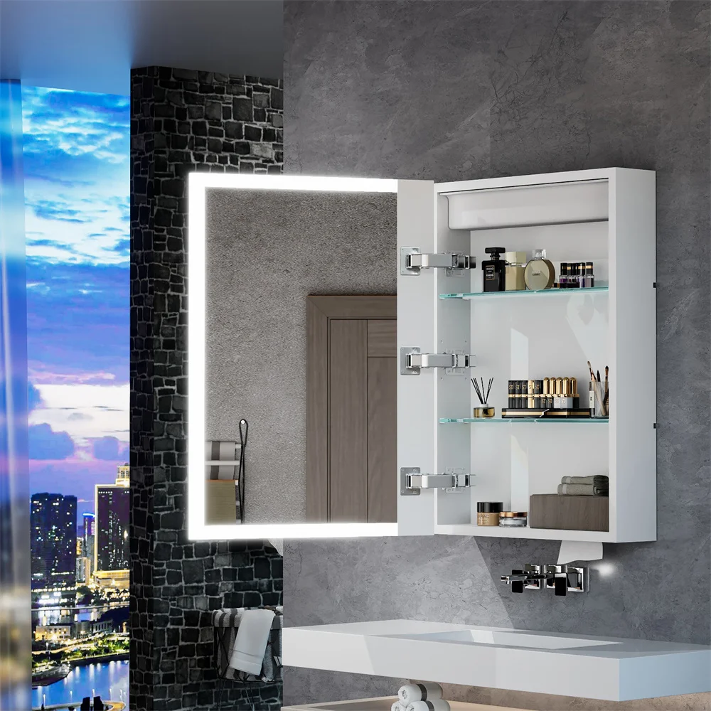 LUVODI Rectangle Bathroom Mirror Cabinet with Light LED Wall Mirror Cabinet with Time Temperature Display Paper Tissue Outlet