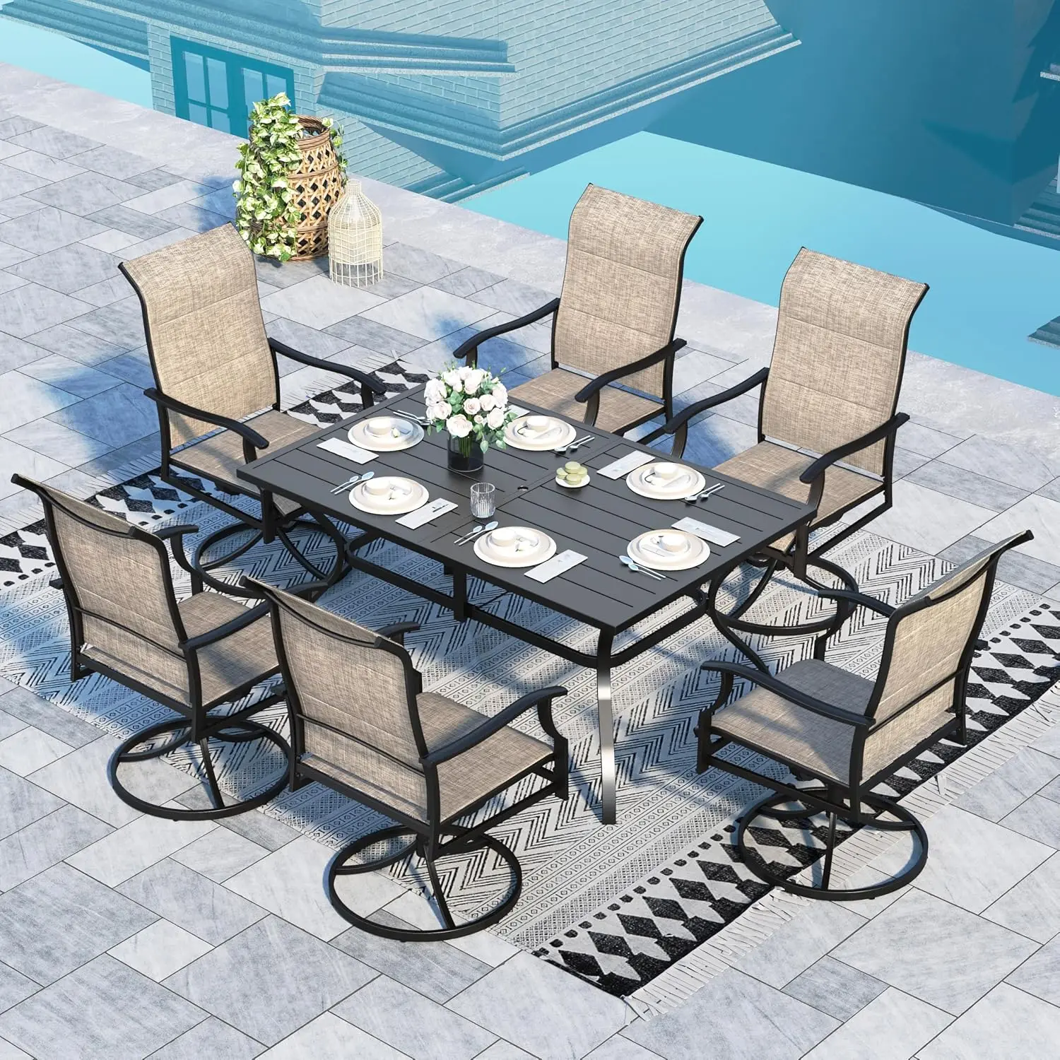 

7 Piece Outdoor Patio Dining Set, Patio Furniture Set with 6 Swivel High Back Patio Dining Chairs and Rectangular, Customized