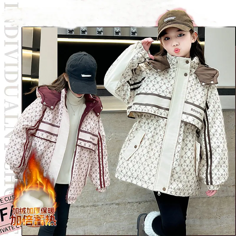 winter teen girls Thick velvet cotton jacket junior kids Fashion Letter Parker overwear Rabbit fur inside children outerwear 14