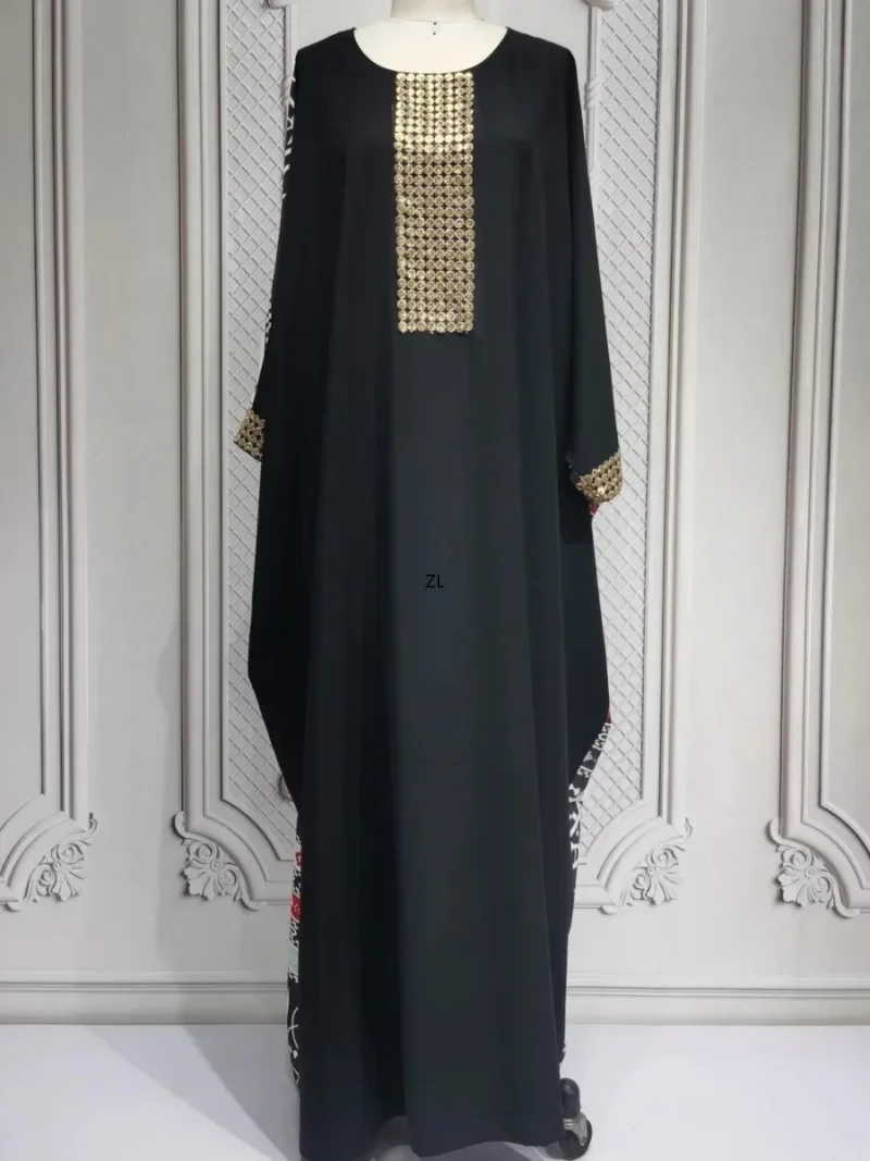 

Dubai Batwing Sleeve Maxi Dresses Morocco Printing Abayas O-Neck Kaftan Stylish Long Arab Dress Woman