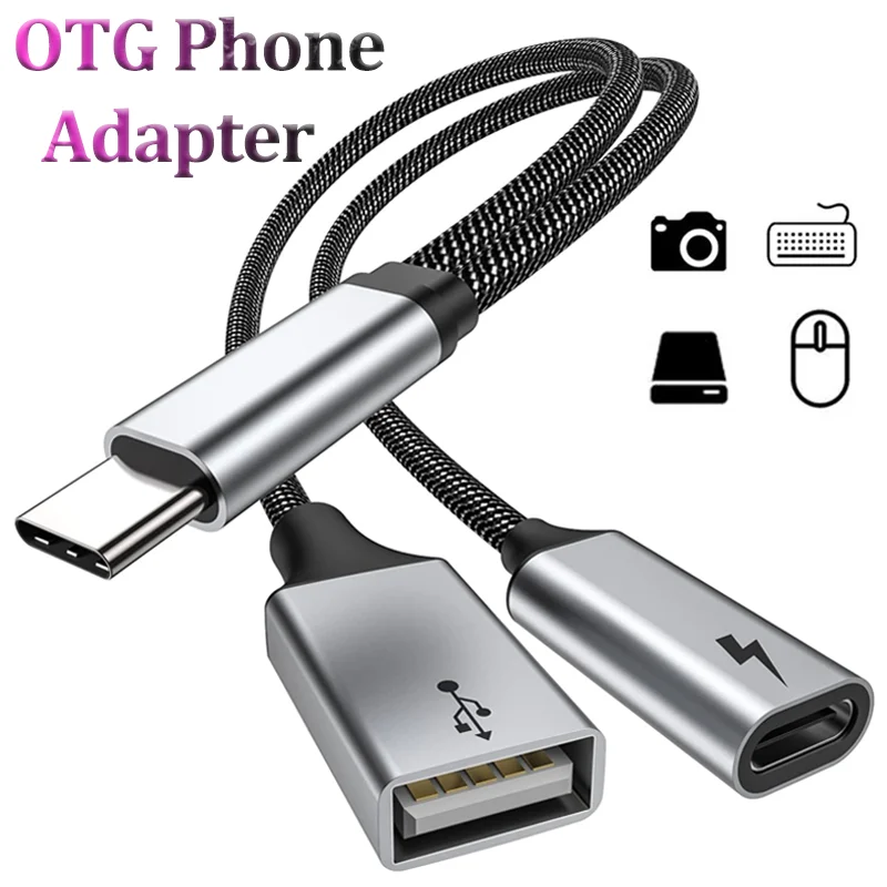 OTG 2 IN 1 USB C to USB a Adapter Data Transfer Converter with Charging Port USB Female Splitter for iPhone 15 Samsung Xiaomi