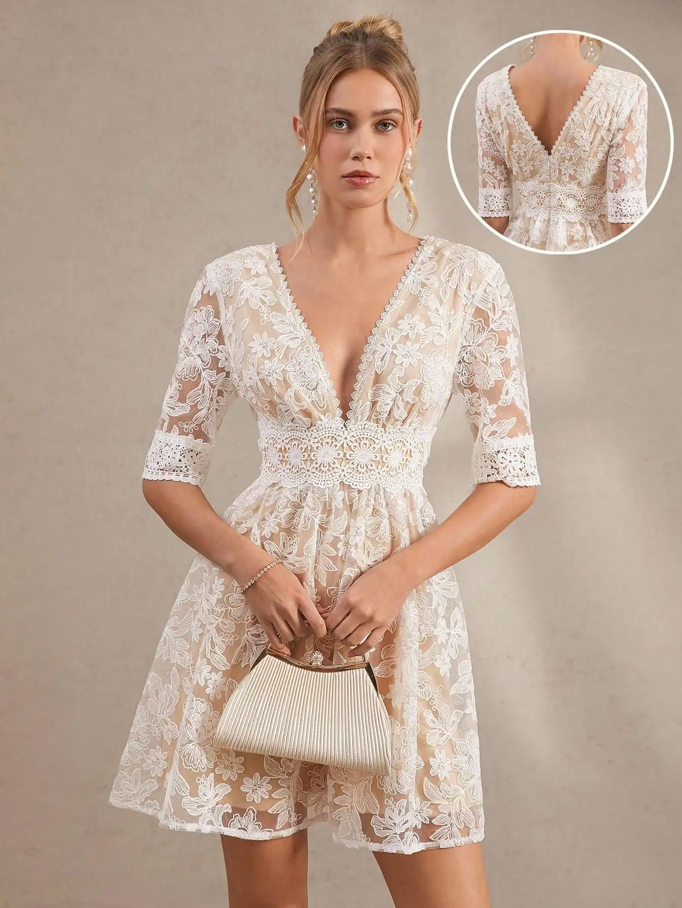 

Элегантное мини-платье А-силуэта с V-образным вырезом и цветочным кружевом для женщин, для летних свадебных торжеств