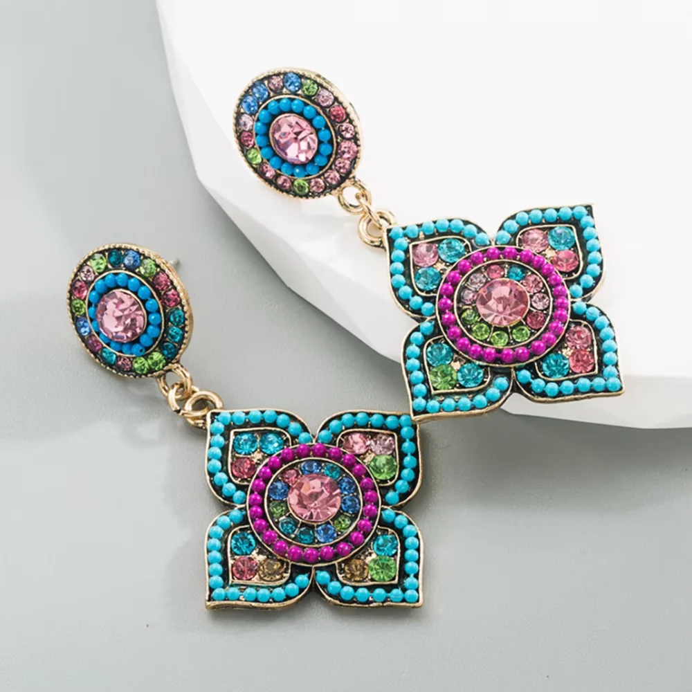 Exquisite Women Collision Color Rhinestones Zircon Earrings Anniversary Jewelry Accessories Vintage Geometric Flower Earrings