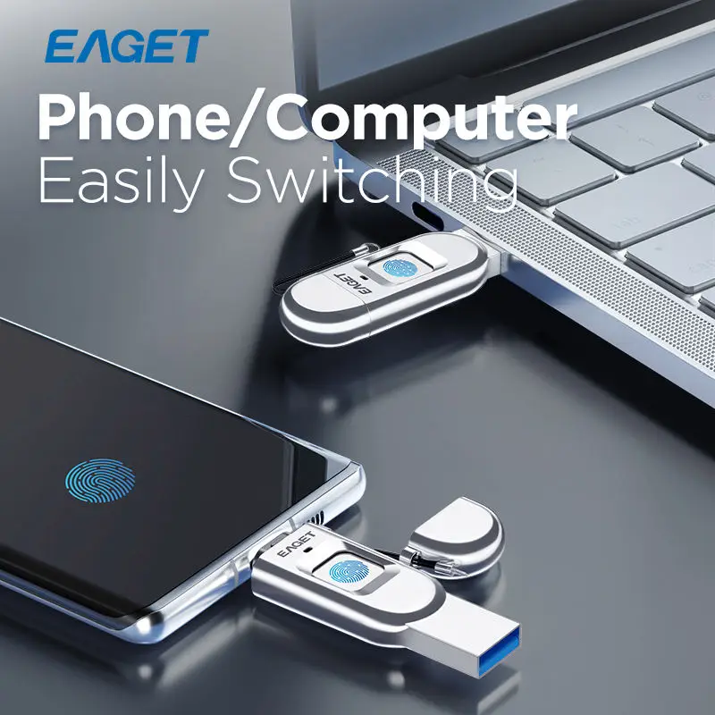 Imagem -05 - Eaget-metal Fingerprint Usb Flash Drive Portátil Tipo-c Usb 3.2 Criptografia de Dados 100 Mbps Velocidade Usb Pendrive para Armazenamento de Dados