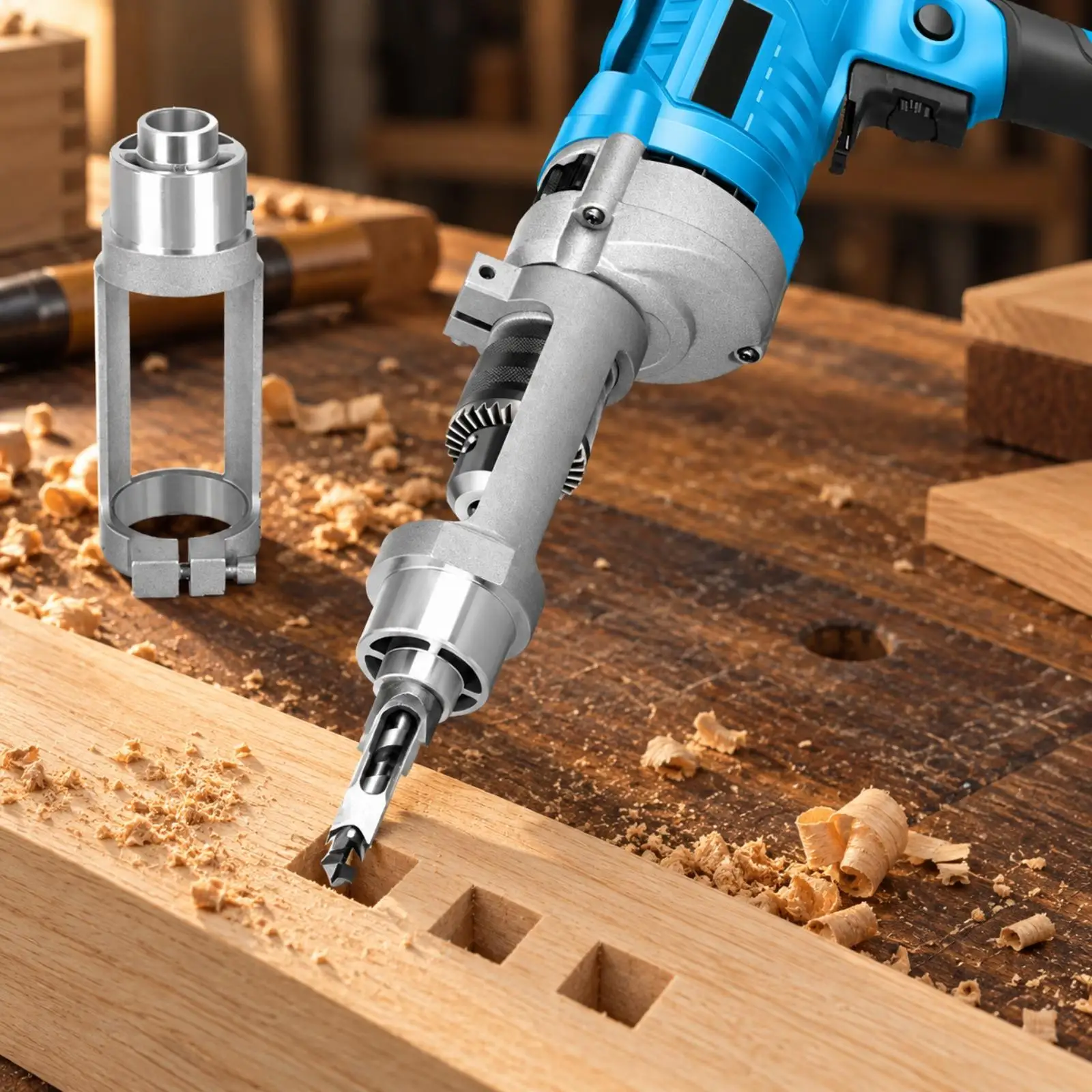 Bi-metal Carpentry Square Drill Jig Bracket for Electric Drill Adapter Woodworking Mortise Guide with Clamping Screw