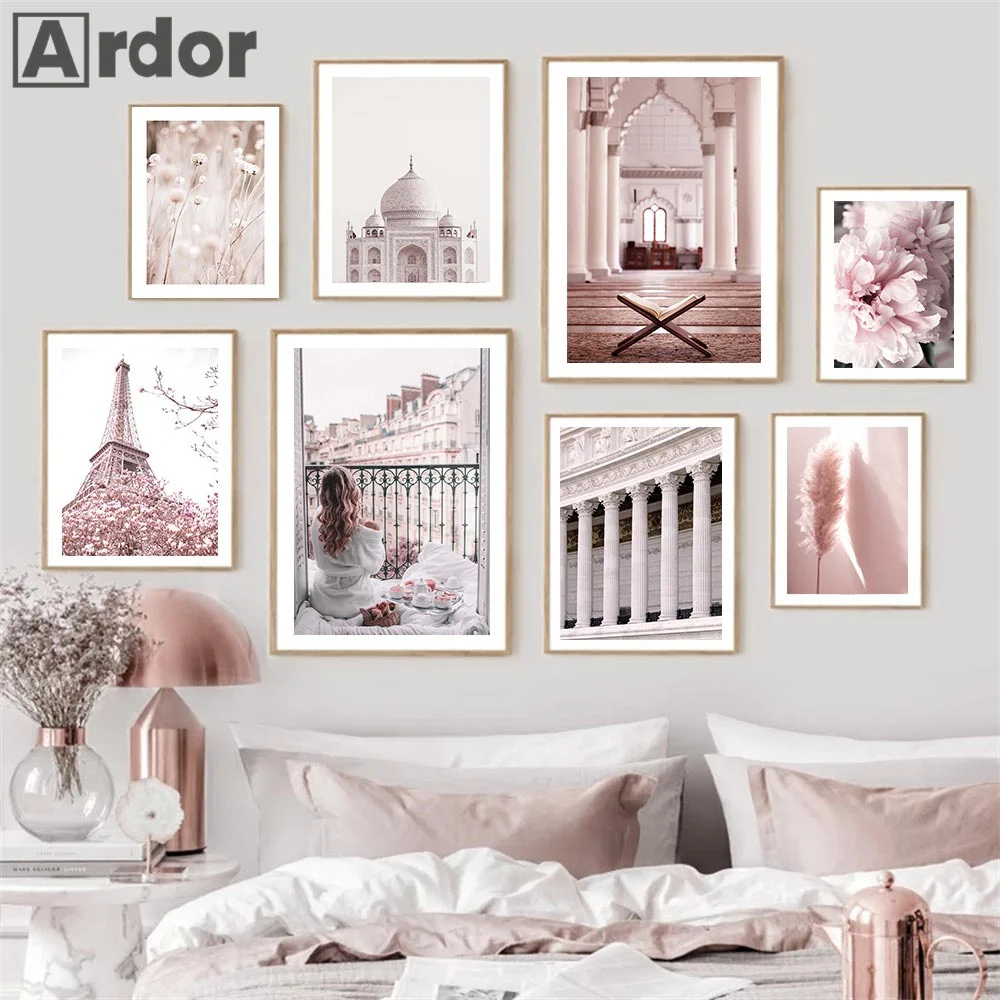 Bismillah Islamic Posters Morocco Door Pink Flower Eiffel Tower Canvas Painting Muslim Wall Art Print Pictures Living Room Decor