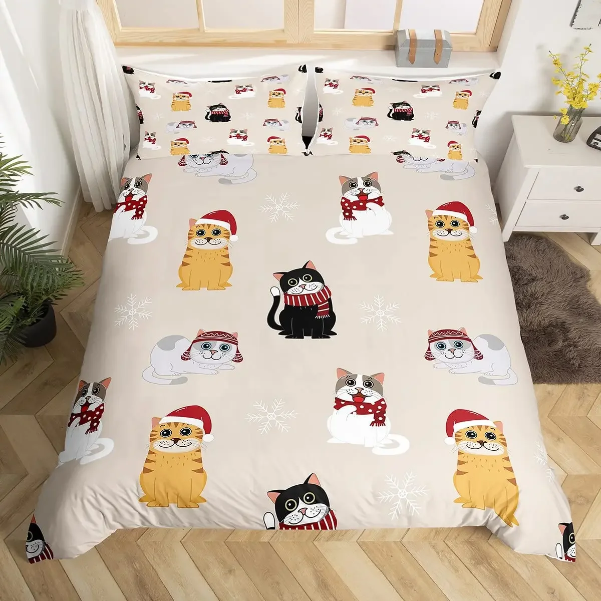 Kitty Fish Print Comforter Set for Kids Boys Girls Teens Comforter Cartoon Cat Bedding Set Lover's Gift Duvet Cover Room Decor