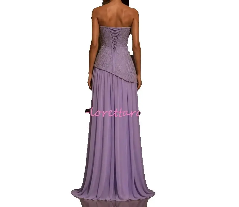 

Luxury Crystal Sequins Lilac Strapless Chiffon Evening Dress A Line Floor Length Saudi Arab Prom Gowns Party Dresses Customized