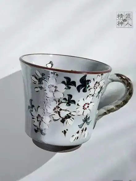 In Stock Japanese Imported Kyo-Yaki Kiyomizu-Yaki Artist Hand-Painted Green Cherry Blossom Mug Ceramic Cup Gift Box Set
