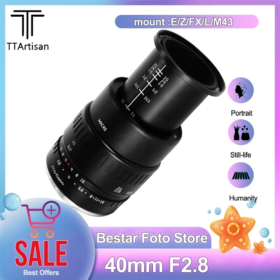 

TTArtisan 40mm F2.8 Macro Lens for Insects Jewelry Portrait Still-Life Photography compatible with Fuji XS10 Sony A6600 Canon M