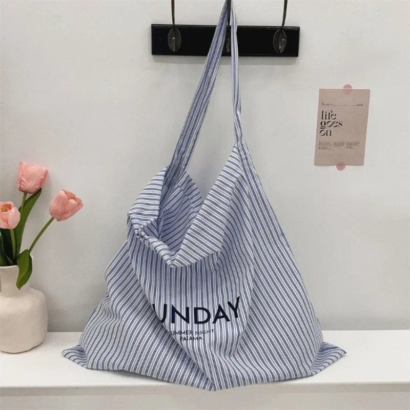 Blue and White Striped Canvas Bag with Letters Casual and Lazy Style Large Capacity Single Shoulder Crossbody Bag, Armpit Bag