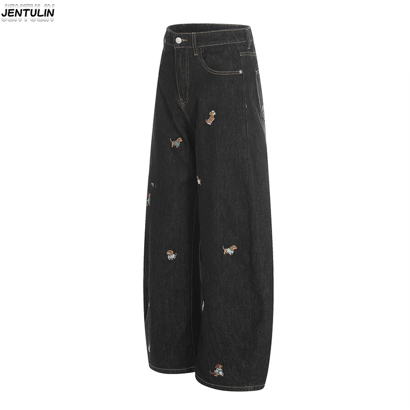 Fun Puppy Embroidery Cartoon Curved Knife Jeans Men Trendy Brand American Loose Wide Leg Silhouette Casual Long Pant Y2k Clothes