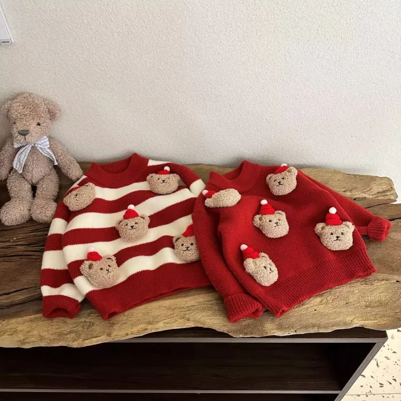 

Christmas Children's Wool Knitted Sweater for Boys Girls Warm Clothing Baby Kids Thicken Cartoon Bear Mink Velvet Tops Pullover