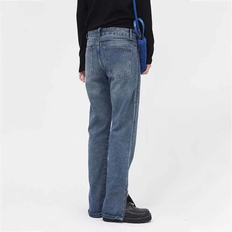 Side Men's Zipped Split Blue Jeans Spring 2022 New Loose Vintage Streetwear Denim Trousers Manswear Korean Long Pants D1542