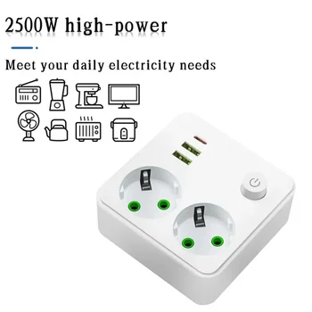 Prise Euro Plug 2 Prise d’extension Multi tête Multi Barre d’alimentation murale Prise d’alimentation Pas de rallonge avec 2 ports USB 1 Type-C Puissance max 2500W