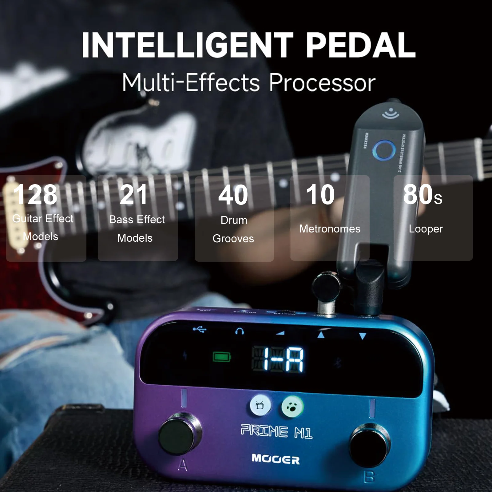 MOOER Prime M1 Guitar Pedal with 128 Guitar Effects, Drum Machine, Tuner, Looper, Bluetooth Support, and Built-in Battery