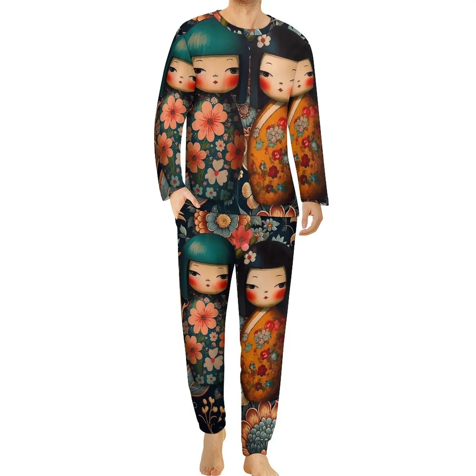 

Japanese Dolls Pajamas Fancy Kokeshi Dolls Mens Long Sleeve Pajamas Set 2 Pieces Aesthetic Spring Nightwear Birthday Present