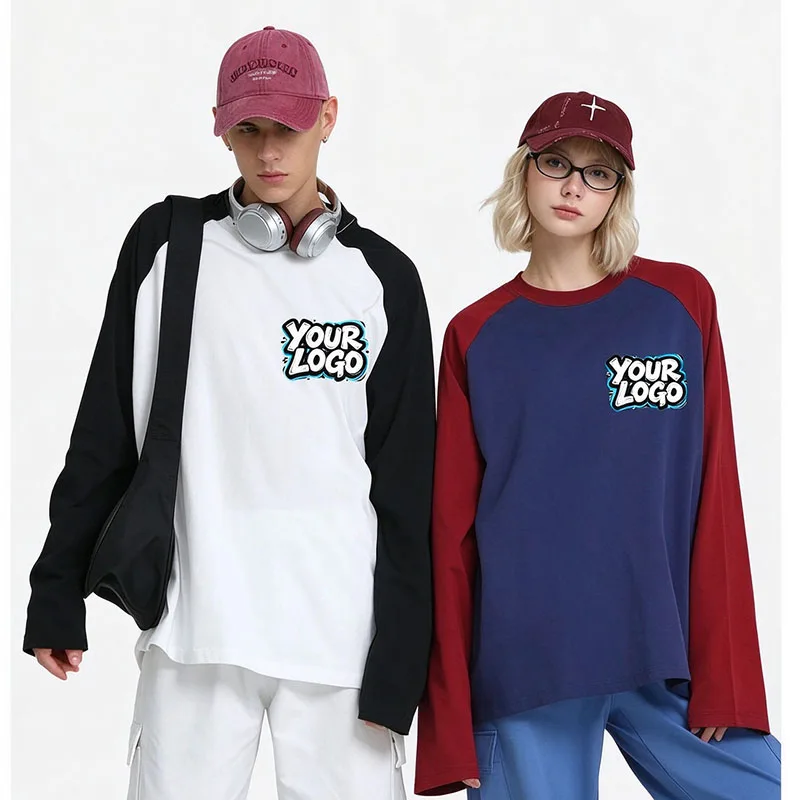 Custom Print Logo Autumn 100% Cotton Unisex Raglan Long Sleeve T-shirt, Loose Color Block Top, Versatile Street Casual Apparel