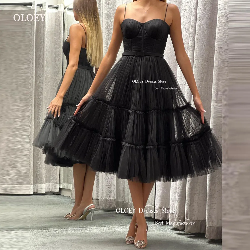 OLOEY 2023 Spaghetti Straps Tulle Prom Party Dresses Tea Length Tiered Skirt Arabic Women Evening Formal Gowns Occasion Event