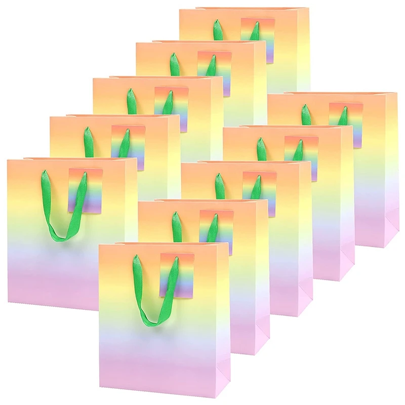 

10PCS Gift Bags Gradient Rainbow Color Favor Bags With Tags And Handles For Wedding, Birthday, Baby Shower,21 X 18 X 8CM