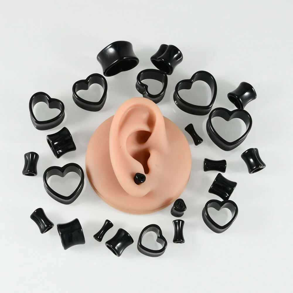 12 Pair Black Acrylic Ear Gauges Heart Shape Ear Tunnels Plugs Flesh Stretchers Expander Earrings Earlobe Piercing Jewelry Kit