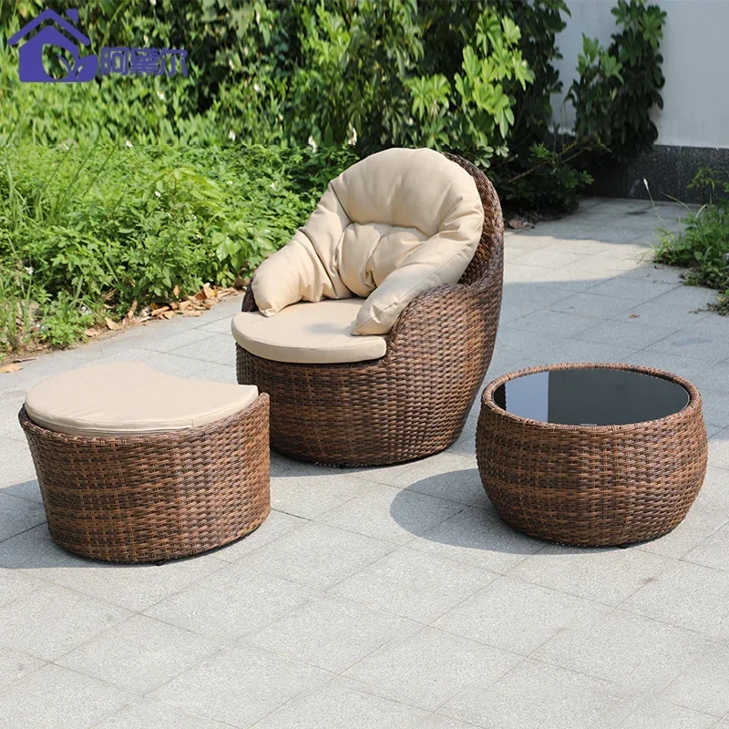 Outdoor balcony rattan sofa, single casual rattan chair, coffee table combination, lazy open-air patio rattan garden furniture