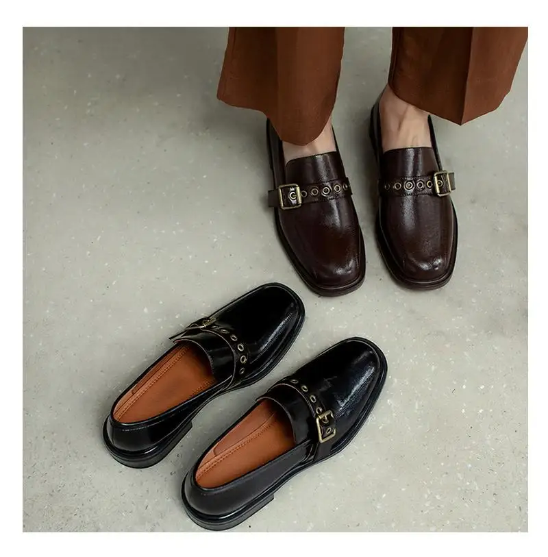 2026 new autumn Women Shoes Natural Leather natural leather 34-40 cowhide+sheepskin Belt Buckle low heel Loafers women pumps