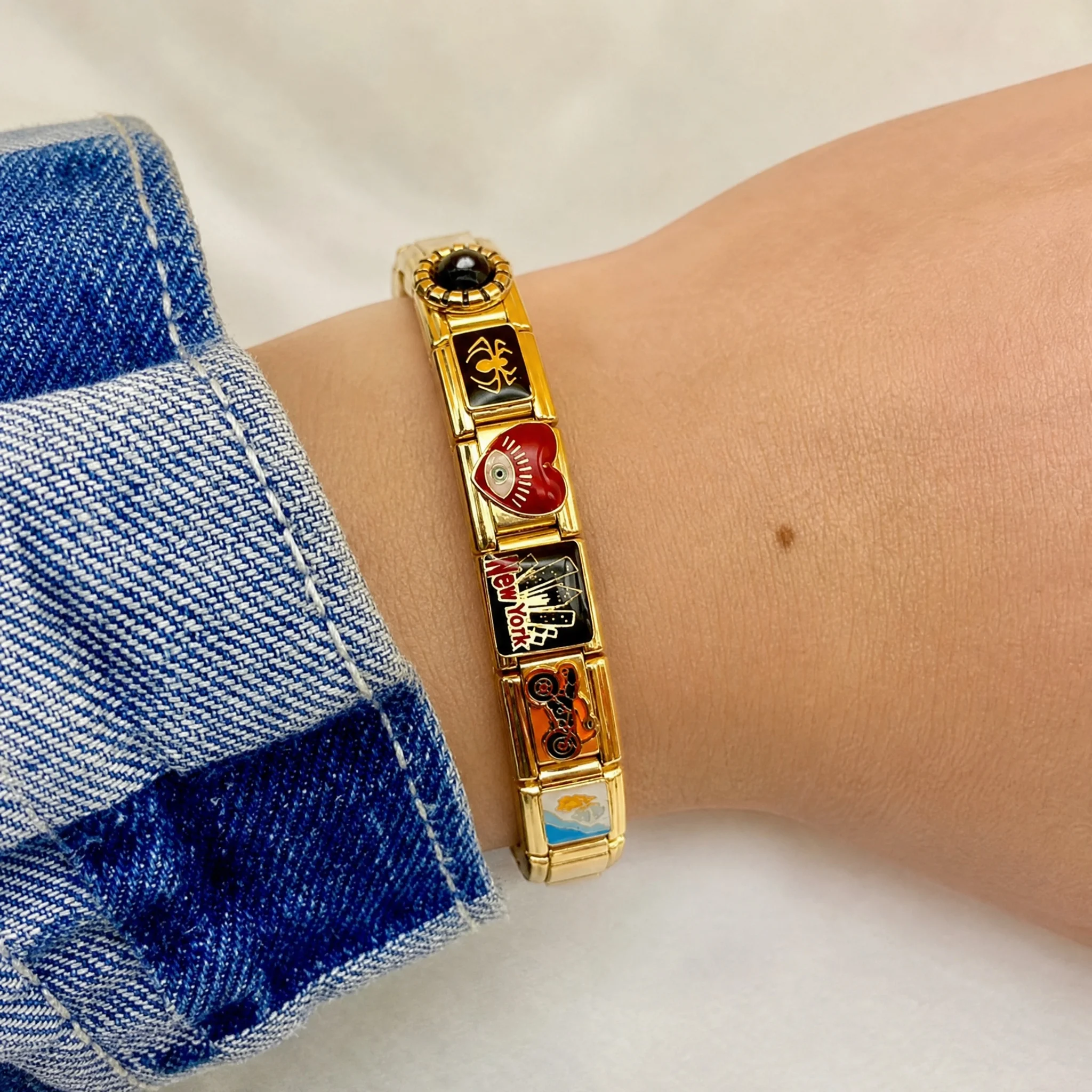 Personalized DIY Gold Color Italian Charm Bracelet Stainless Steel Poker Princess Bling Motorcycle Bead Fit 9mm Bracelet Jewelry 2