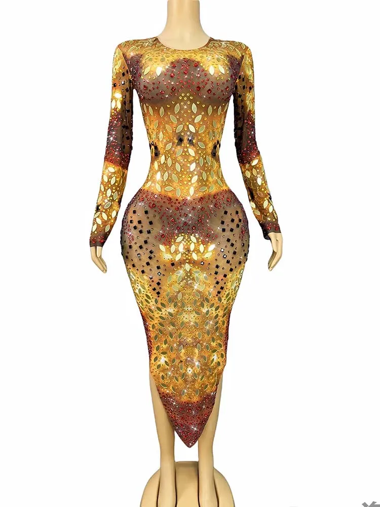 Hoge kwaliteit strass spiegel glitter onregelmatige rok elastische jurk 2025, nieuwe mode aangepaste dameskleding