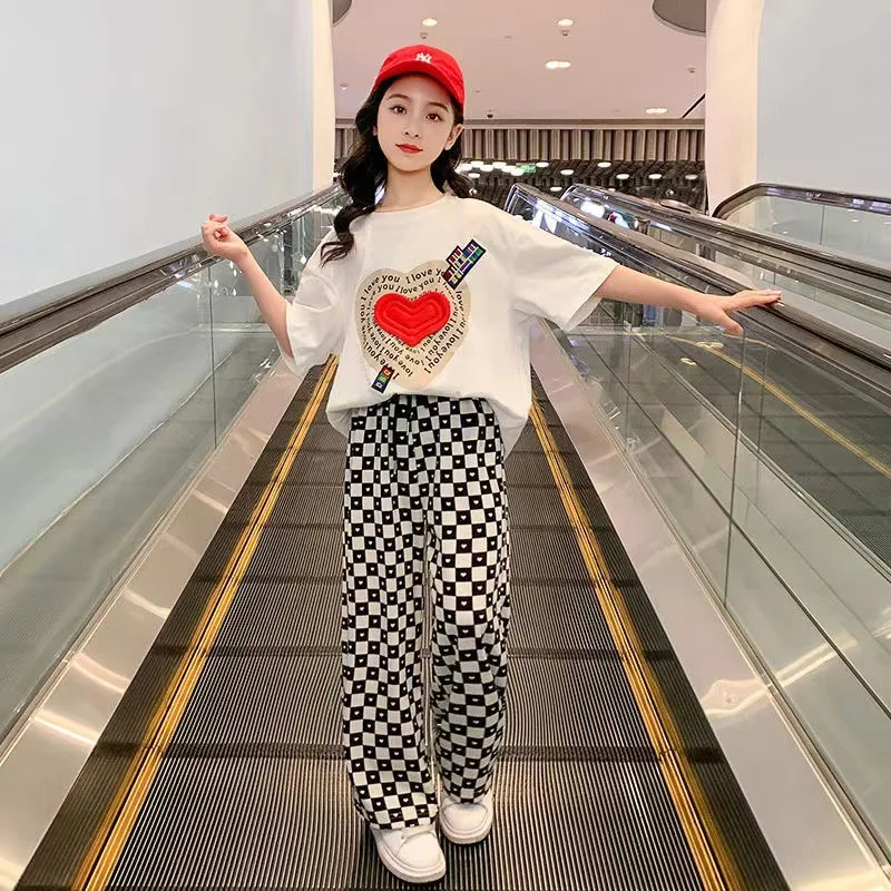 2024 summer Girls clothes children set Kids HEART loose hoodie short t-shirt + checked wide leg pant 4 5 6 7 8 10 12 years teens