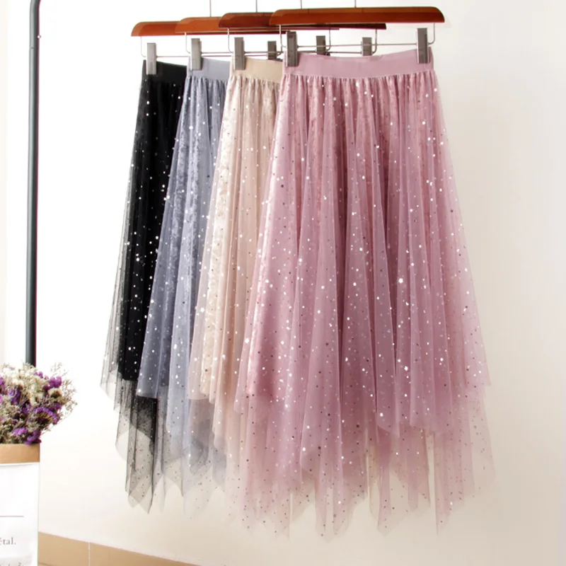 

Autumn Starry Tulle Velvet Patchwork A-line Irregular Long Skirt Elastic High Low Galaxy Mesh Mid Calf Pleuche Pleated Skirts