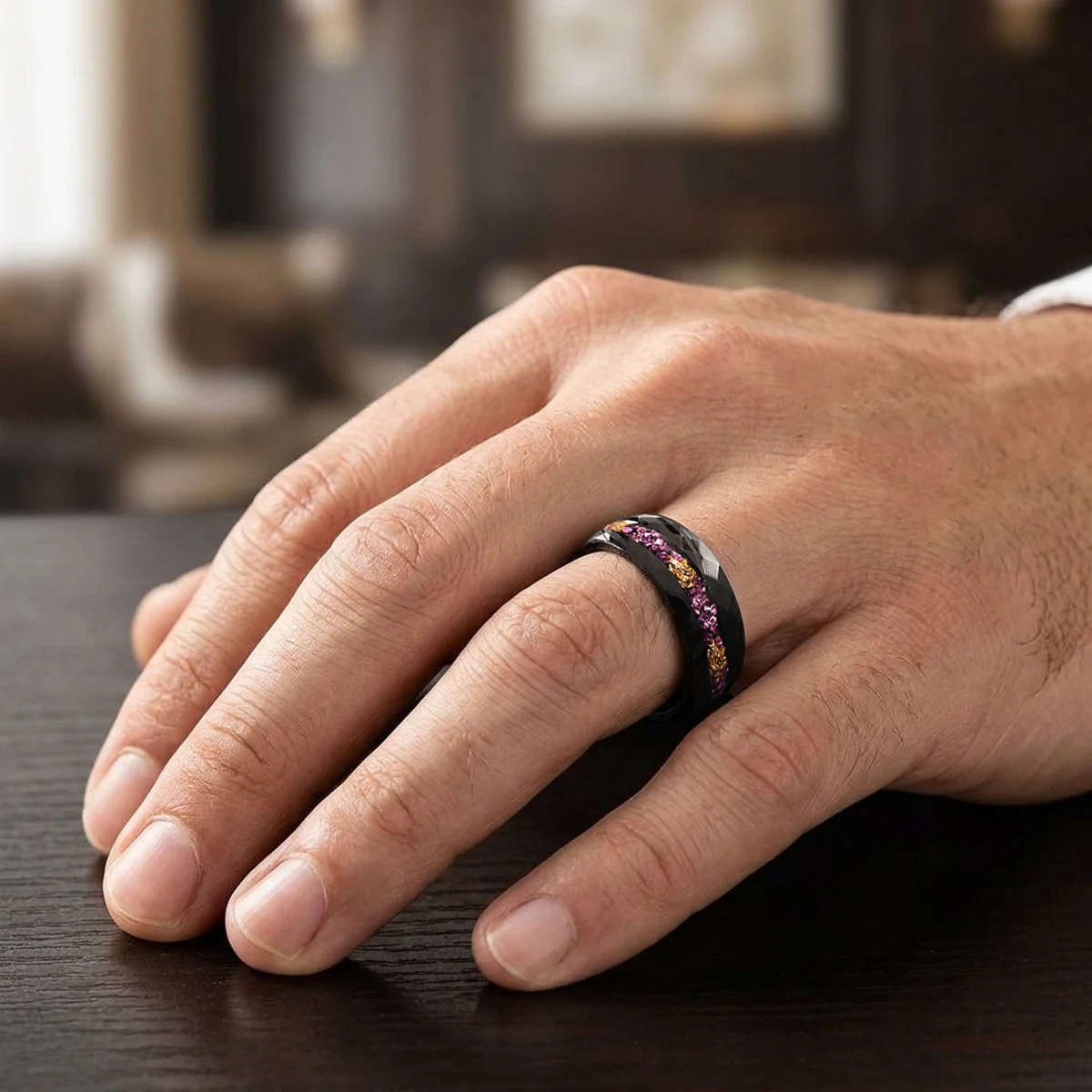 8MM Black Damascus Steel Men's Wedding Bands Inlaid Gold Leaf And Amethyst Classic Hammered Engagement Promise Anniversary Ring