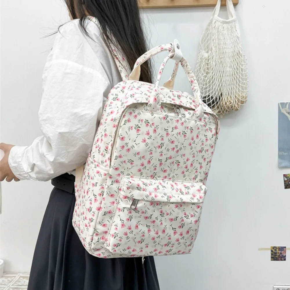 New Large Capacity Women\'s Backpack Flower Print with Handle Student Backpack Japanese Style Nylon School Bag Adults