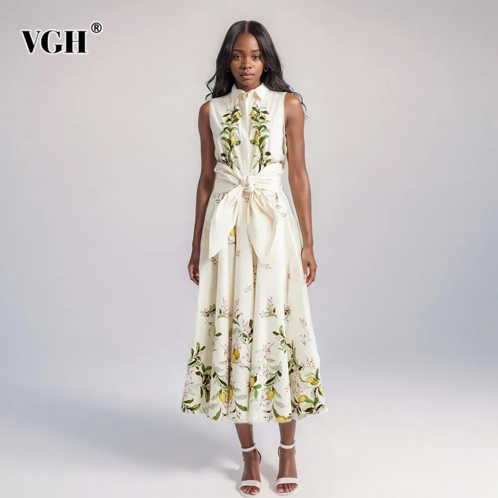 

VGH Hit Color Printing Elegant Dresses For Women Lapel Sleeveless High Waist Patchwork Belt Temperament Long Dress Female New