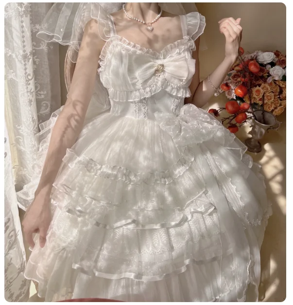 White Romantic Lolita Slash Neck Jsk Suspender Princess Banquet Dress Fashion Age Reduction Bow Ruffles Cake Evening Dresses