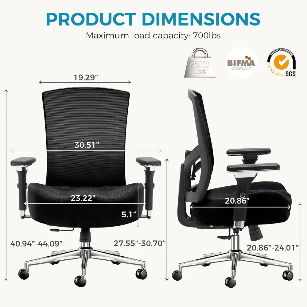 Ergonomic Over-sized Office Chair with Wide Cushion, 700lbs Capacity, Adjustable Lumbar Support, 4D Armrests