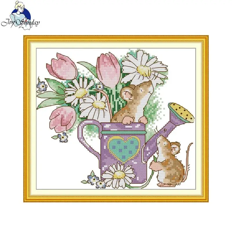 Joy Sunday Cross Stitch Kits Mouse's Garden Adventure Pattern Printed Counted Aida Fabric 16/14CT Art Craft DIY Embroidery Kit