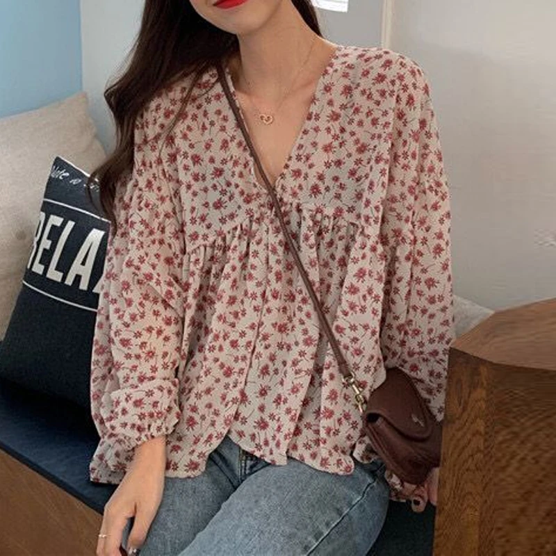 Women\'s Floral Print Chiffon Blouse, Loose V-neck Tops, Long Sleeve Shirts, All-Match, Simple, Elegant, Korean, New, 9307