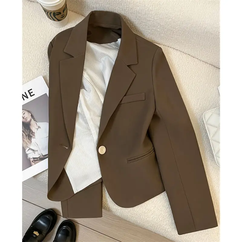 High Sense Women\'s Brown Suit Jacket 2024 New Spring and Autumn Casual All-match Blazer One-button Solid Elegant Short Suit Top