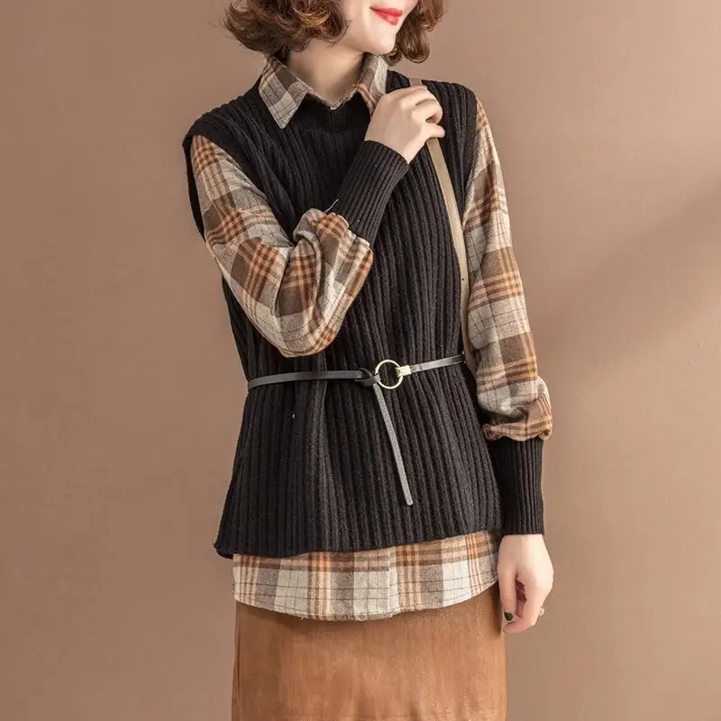 Imagem -04 - Conjunto de Camisa de Manga Comprida Xadrez Feminina Colete Solto de Malha Roupa Feminina Vintage Moda Coreana Outono Inverno Peças