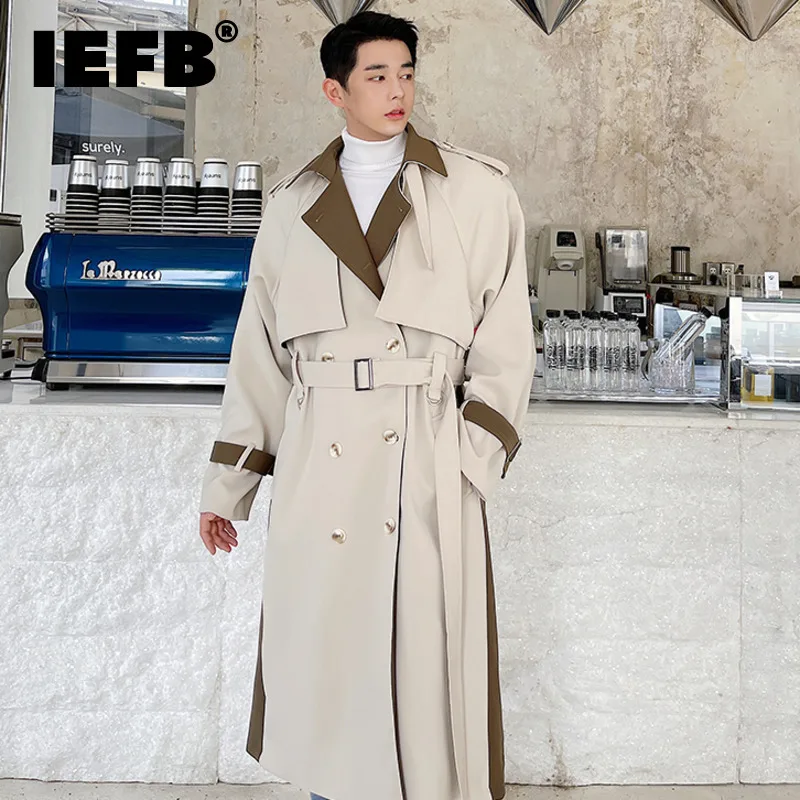 IEFB Fashion Male Autumn Spliced Long Trench Coat High Qualtiy Men New Loose Lapel Double Breasted Windbreaker With Belt 9D0946