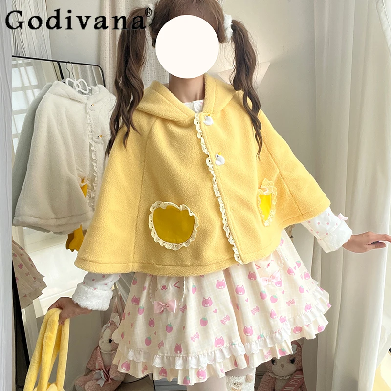 

Оригинальный милый плащ с капюшоном в стиле Лолиты для девочек, новинка зимы 2025 года, женский кавайный плюшевый теплый мягкий плащ с шалью, короткая куртка, пончо Y2k