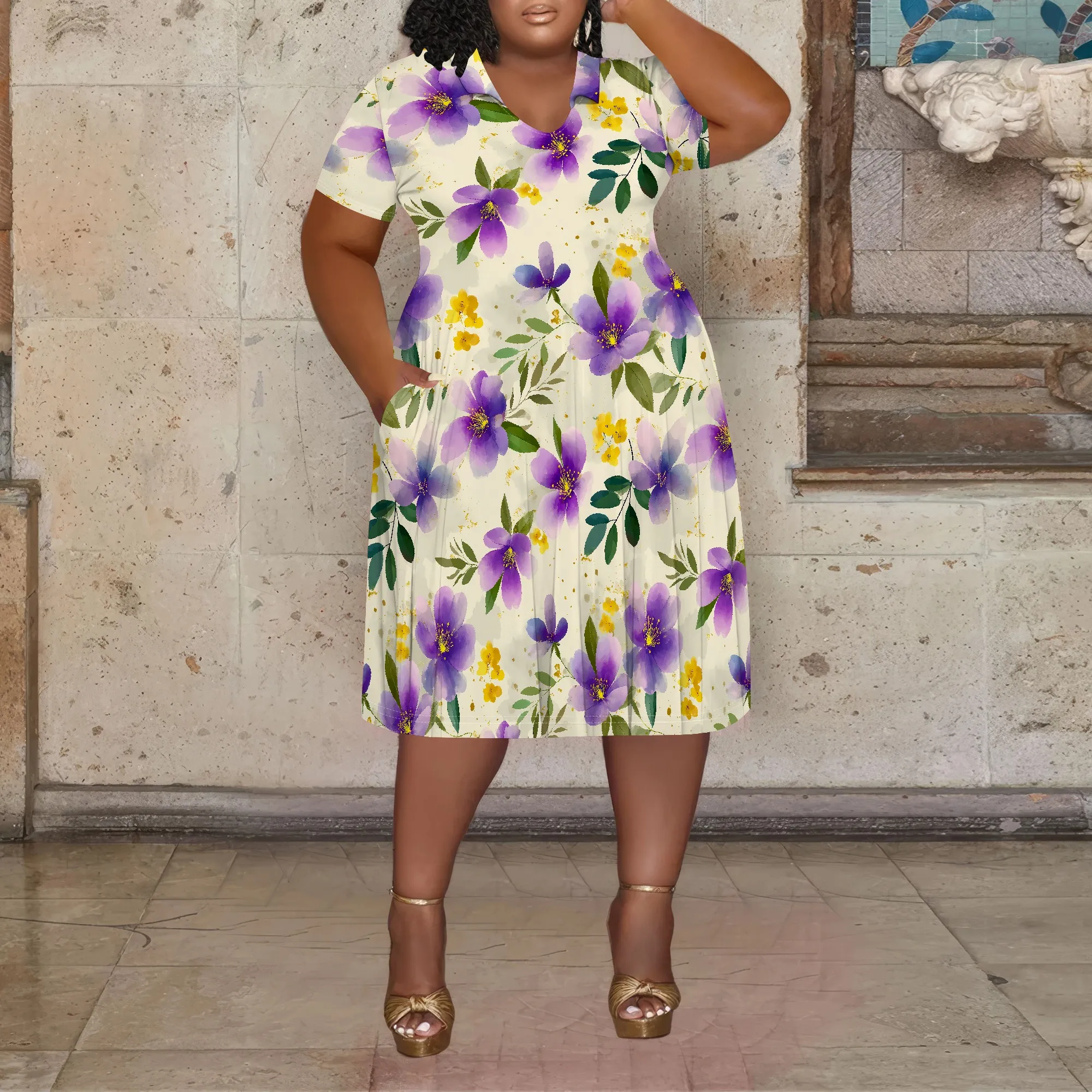 

Plus Size Summer Floral Print V Neck Short Sleeve Casual Loose Midi Dress Elegant Holiday Outfit