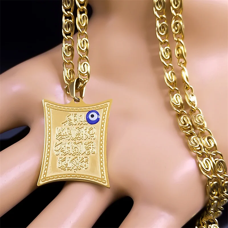 Islamic Muslim Quran Evil Blue Eye Amulet Necklace for Men Women Stainless Steel Gold Color Turkish Eye Necklaces Jewelry N3201