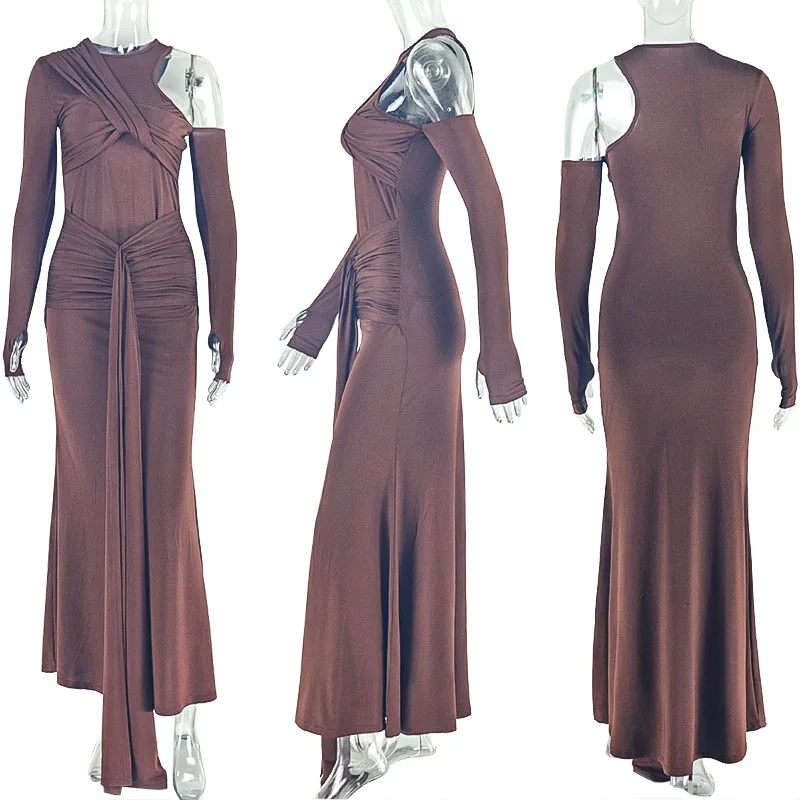 Seksowne sukienki maxi z bandażami, marszczeniami, długim rękawem, dekoltem w kształcie litery O, wycięciami, idealne na wieczorne wyjścia, do klubu nocnego, na studniówkę lub imprezę, sukienki maxi Vestidos Longos