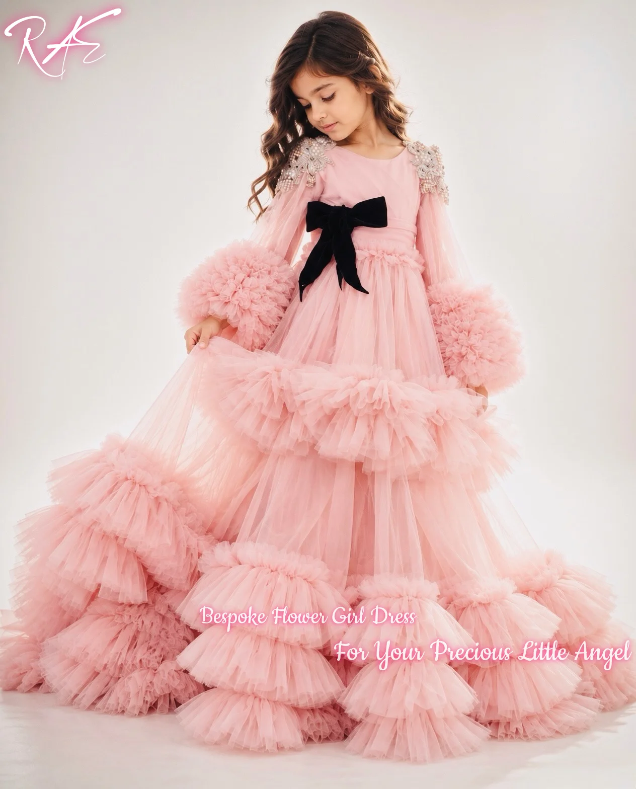 Dusty Pink Flower Girl Dress For Wedding Birthday Pageant Long Puff Sleeves Multi Layer Ruffled Tulle Gown With Beaded Shoulder