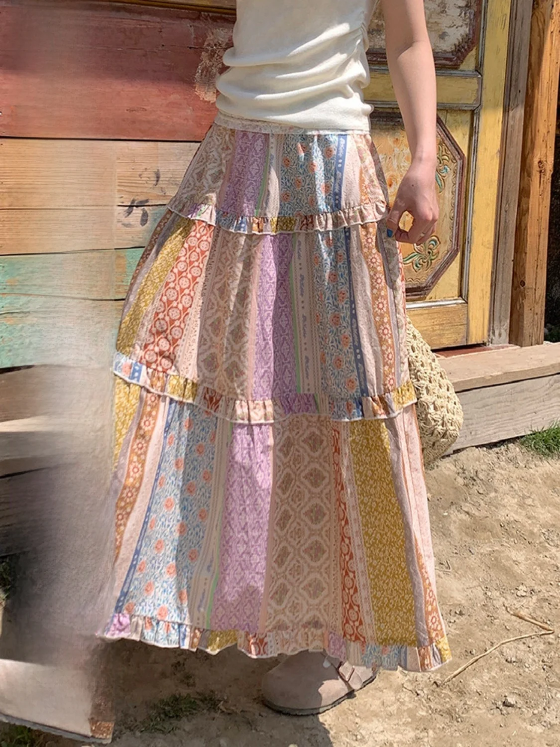 

Slimming Elastic Waist f Skirt Versatile Gentle Ethnic Sle Spring 2025 New Summer Vaion Wind A-Line Cotton Skirt